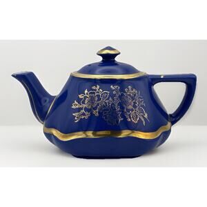 Vintage MCM Hall SQUARE Teapot - Stunning COBALT Blue & Gold Gilt Collectible
